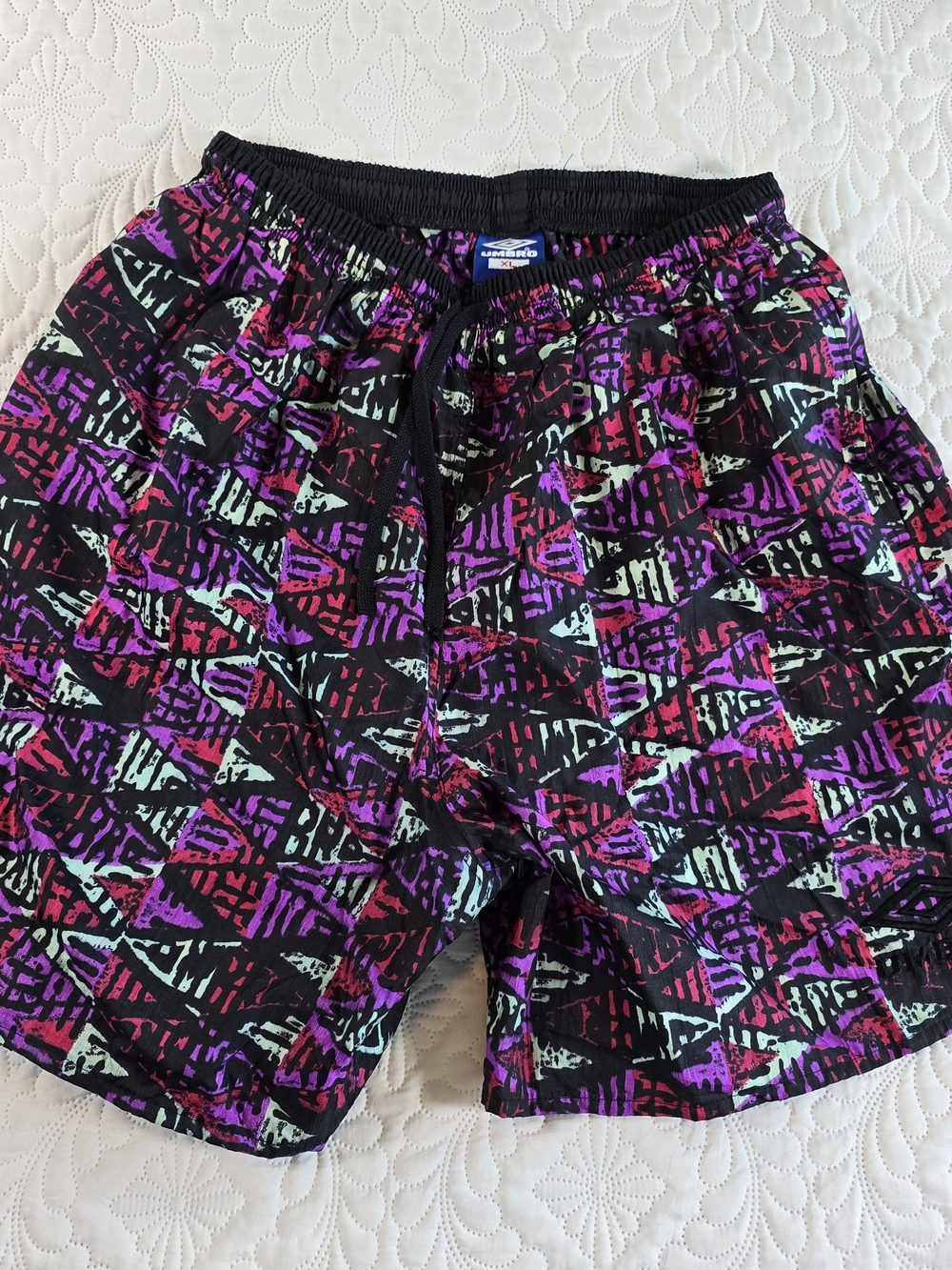 Umbro Men’s Black Swim Trunks with Purple & Teal Geometric Print
